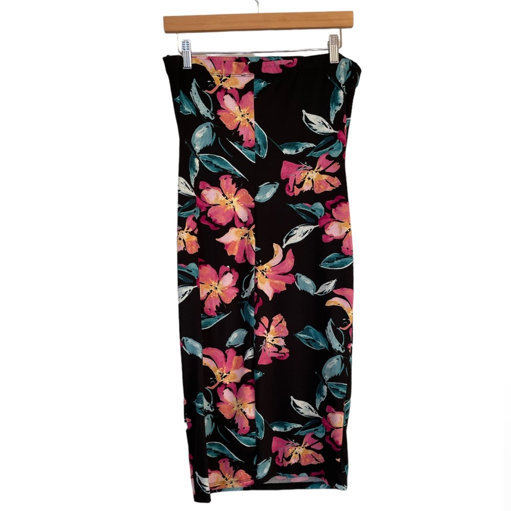 Black Floral Print Empirice Strapless Dress - Size XL